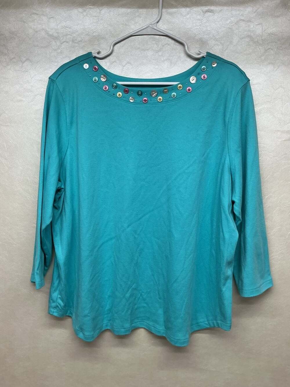 Koret Woman Teal Embellished Button-Neck 3/4 Sleeve Knit Top, Size 2X